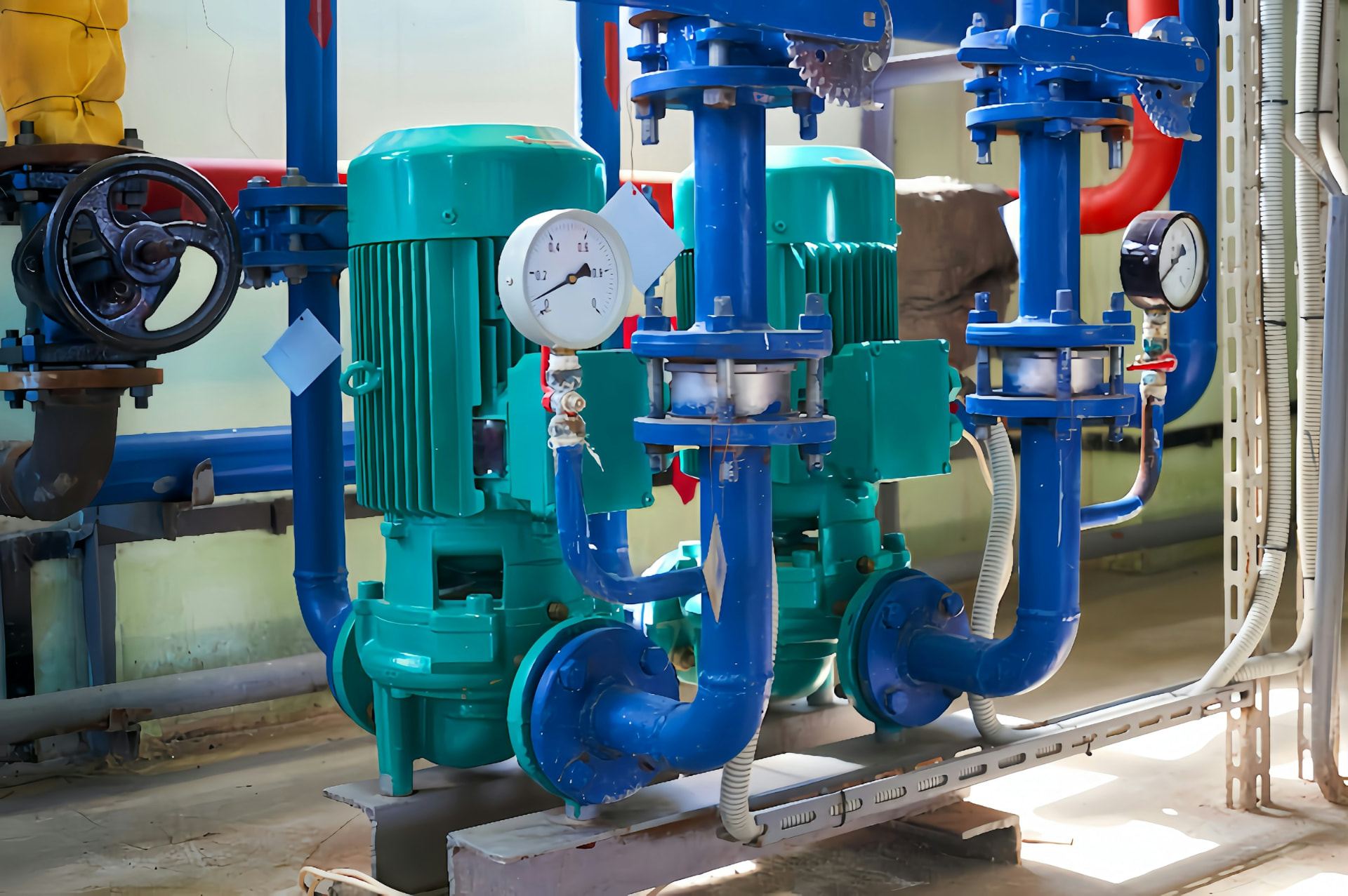 Industrial well-control support equipment with pumps, pipework, valves and pressure gauges